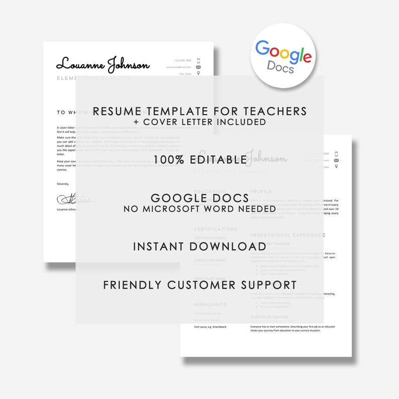 May include: A white and gray resume template for teachers, with the text "RESUME TEMPLATE FOR TEACHERS + COVER LETTER INCLUDED" and "100% EDITABLE" in black text. The template is designed for Google Docs and says "GOOGLE DOCS NO MICROSOFT WORD NEEDED".