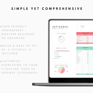May include: A laptop computer screen displaying a budget spreadsheet template for September. The spreadsheet includes sections for income, expenses, and cash flow. The template is designed to be user-friendly and includes a tutorial.