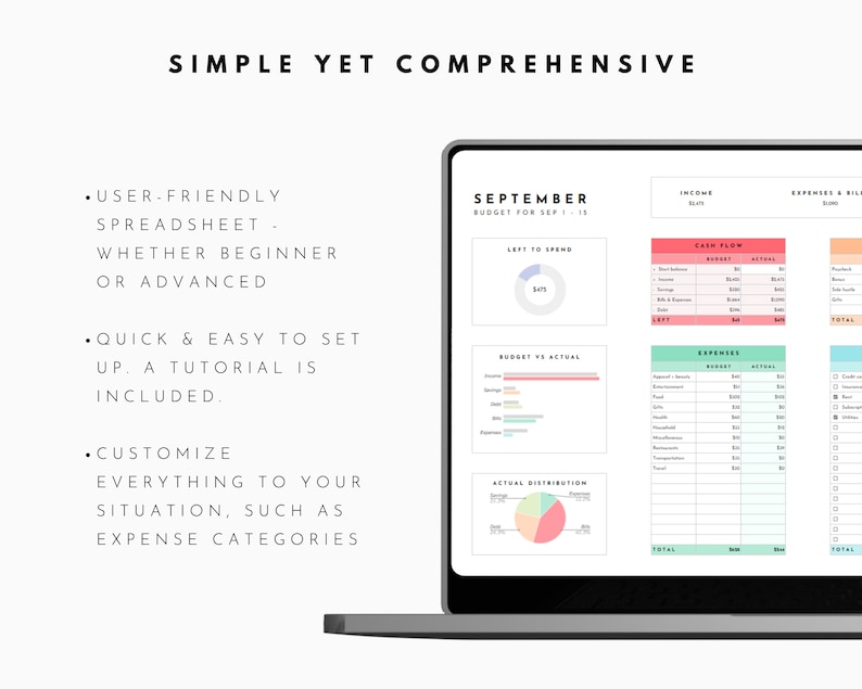 May include: A laptop computer screen displaying a budget spreadsheet template for September. The spreadsheet includes sections for income, expenses, and cash flow. The template is designed to be user-friendly and includes a tutorial.