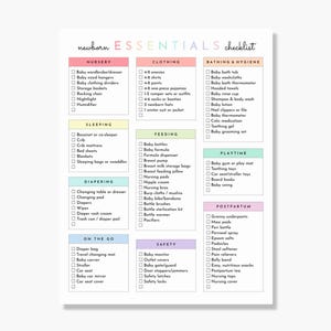 Könnte beinhalten: Eine Checkliste mit dem Titel "Newborn Essentials" mit Kategorien wie Nursery, Clothing und Bathing & Hygiene. Die Liste enthält Artikel wie Strampler, Windeln, Babyflaschen und einen Babyphone. Der Text ist in einem farbenfrohen Pastell-Design.