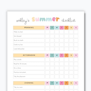 May include: A summer checklist titled "Oakley's Summer Checklist" with morning, afternoon, and evening sections. The checklist includes tasks like making the bed, playing outside, and tidying the room. The design features pastel colours and a grid for marking off completed tasks.