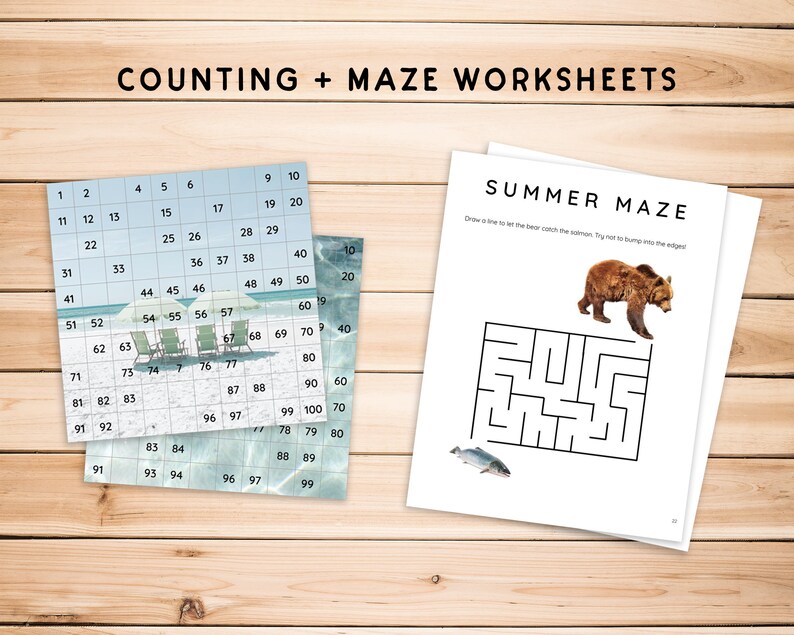 May include: A printable worksheet set for kids featuring a summer-themed maze and a counting activity. The maze features a brown bear trying to catch a salmon fish. The counting activity features a grid of numbers from 1 to 100 with beach-themed illustrations.