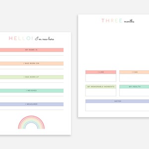 K&ouml;nnte beinhalten: Ein druckbarer Baby-Meilenstein-Tracker mit einem Regenbogen-Design. Der Tracker enth&auml;lt Abschnitte zum Aufzeichnen des Namens des Babys, des Geburtsdatums, der Geburtszeit, des Gewichts, der Gr&ouml;&szlig;e, der Vorlieben und der F&auml;higkeiten. Der Tracker ist f&uuml;r die ersten drei Monate des Babys konzipiert.