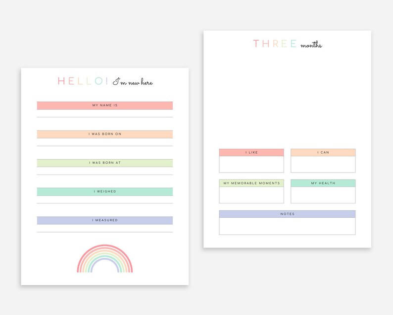 K&ouml;nnte beinhalten: Ein druckbarer Baby-Meilenstein-Tracker mit einem Regenbogen-Design. Der Tracker enth&auml;lt Abschnitte zum Aufzeichnen des Namens des Babys, des Geburtsdatums, der Geburtszeit, des Gewichts, der Gr&ouml;&szlig;e, der Vorlieben und der F&auml;higkeiten. Der Tracker ist f&uuml;r die ersten drei Monate des Babys konzipiert.