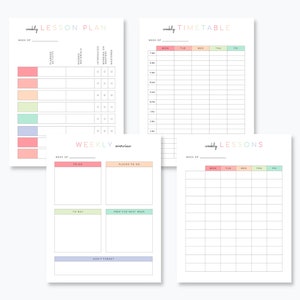May include: Four printable planner pages with pastel colored headings. The pages are titled "weekly lesson plan", "weekly timetable", "weekly lessons", and "weekly overview".