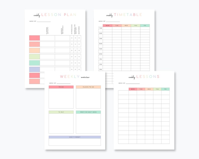 May include: Four printable planner pages with pastel colored headings. The pages are titled "weekly lesson plan", "weekly timetable", "weekly lessons", and "weekly overview".