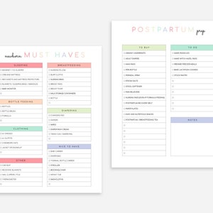 Puede incluir: Una lista de verificaci&oacute;n imprimible para la preparaci&oacute;n posparto. La lista se divide en dos secciones: "Para comprar" y "Para hacer". La secci&oacute;n "Para comprar" incluye art&iacute;culos como bragas de abuela, pa&ntilde;ales para adultos y almohadillas de lactancia. La secci&oacute;n "Para hacer" incluye art&iacute;culos como hacer padcicles, hacer compresas de hamamelis y preparar comidas para congelar.
