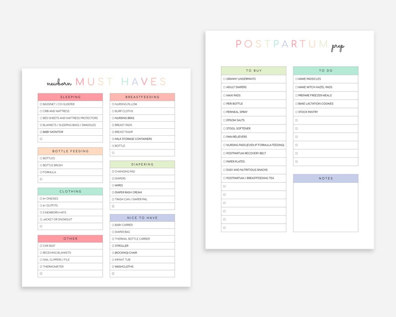 Puede incluir: Una lista de verificaci&oacute;n imprimible para la preparaci&oacute;n posparto. La lista se divide en dos secciones: "Para comprar" y "Para hacer". La secci&oacute;n "Para comprar" incluye art&iacute;culos como bragas de abuela, pa&ntilde;ales para adultos y almohadillas de lactancia. La secci&oacute;n "Para hacer" incluye art&iacute;culos como hacer padcicles, hacer compresas de hamamelis y preparar comidas para congelar.