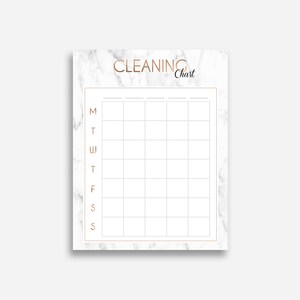 May include: A printable cleaning chart with a marble background and gold accents. The chart is labeled "Cleaning Chart" and has a column for each day of the week.