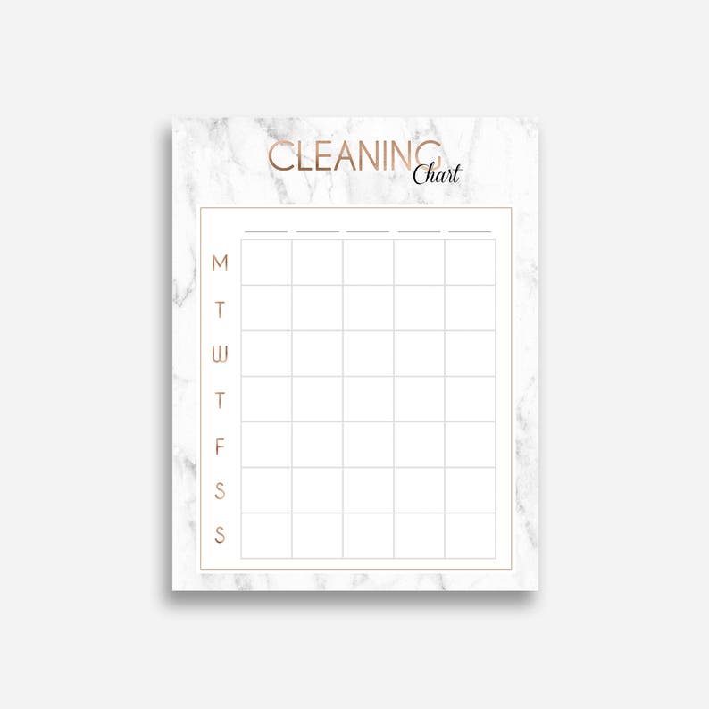 May include: A printable cleaning chart with a marble background and gold accents. The chart is labeled "Cleaning Chart" and has a column for each day of the week.