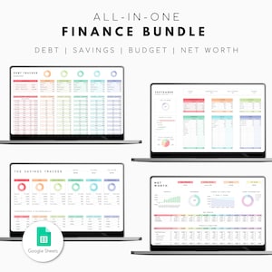 May include: An image of four laptops displaying financial spreadsheets. The text "ALL-IN-ONE FINANCE BUNDLE" is at the top, with "DEBT | SAVINGS | BUDGET | NET WORTH" below. The Google Sheets logo is visible.