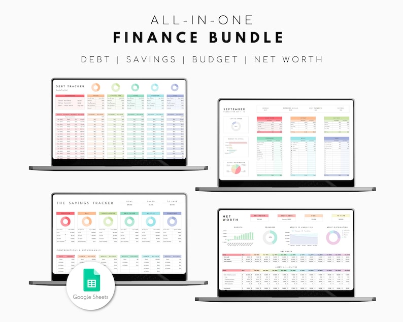 May include: An image of four laptops displaying financial spreadsheets. The text "ALL-IN-ONE FINANCE BUNDLE" is at the top, with "DEBT | SAVINGS | BUDGET | NET WORTH" below. The Google Sheets logo is visible.