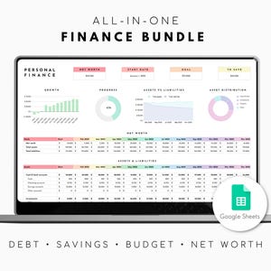 May include: A laptop displaying a financial dashboard with charts and tables. The screen shows data related to personal finance, including net worth, progress, and asset distribution. The text "ALL-IN-ONE FINANCE BUNDLE" is at the top.