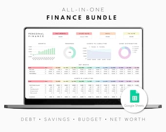 May include: A laptop displaying a financial dashboard with charts and tables. The screen shows data related to personal finance, including net worth, progress, and asset distribution. The text "ALL-IN-ONE FINANCE BUNDLE" is at the top.