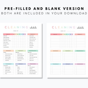 May include: A printable cleaning schedule with a pastel color scheme. The schedule includes daily, weekly, and daily tasks for each day of the week. The schedule is pre-filled with cleaning tasks and also includes a blank version.