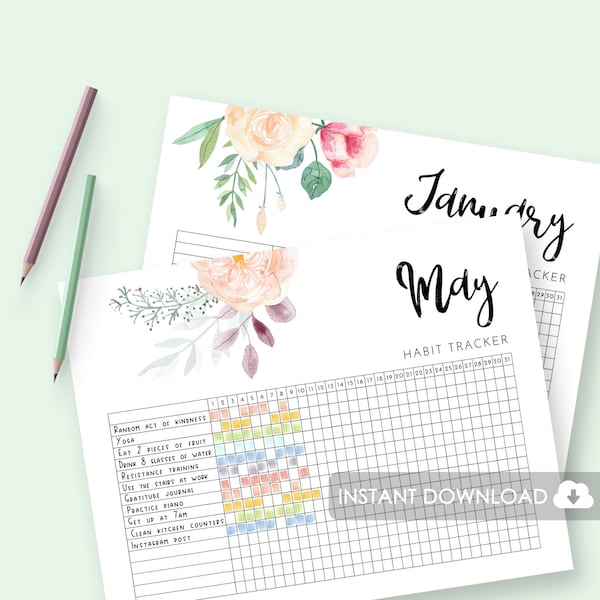 Rastreador de hábitos para impressão, Rastreador de hábitos para impressão, Rastreador de hábitos para seu Bullet Journal, Acompanhe seus hábitos 2019