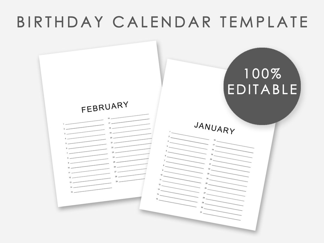 Editable Birthday Calendar Template Editable Perpetual Calendar
