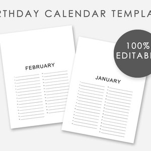 Editable Birthday Calendar Template | Editable Perpetual Calendar Template