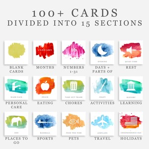 May include: A set of 100+ watercolor cards divided into 15 sections. Each card features a different image, such as a month of the year, a number, a part of the day, a personal care item, a food, a chore, an activity, a place to go, a sport, a pet, a mode of transportation, or a holiday. The cards are perfect for use in a variety of ways, such as for creating a calendar, a planner, or a game.