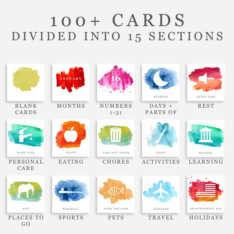 May include: A set of 100+ watercolor cards divided into 15 sections. Each card features a different image, such as a month of the year, a number, a part of the day, a personal care item, a food, a chore, an activity, a place to go, a sport, a pet, a mode of transportation, or a holiday. The cards are perfect for use in a variety of ways, such as for creating a calendar, a planner, or a game.