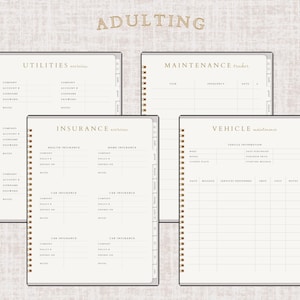 May include: A set of four spiral-bound notebooks with gold accents and cream-colored pages. The notebooks are labeled "Utilities", "Maintenance Tracker", "Insurance", and "Vehicle Maintenance". The word "ADULTING" is printed at the top.
