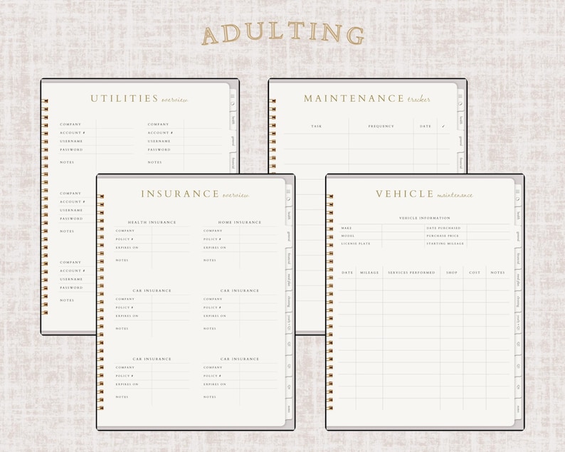 May include: A set of four spiral-bound notebooks with gold accents and cream-colored pages. The notebooks are labeled "Utilities", "Maintenance Tracker", "Insurance", and "Vehicle Maintenance". The word "ADULTING" is printed at the top.