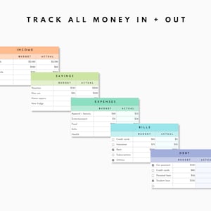 May include: A printable budget tracker with six categories: Income, Savings, Expenses, Bills, Debt, and a section for tracking actual spending. The categories are color-coded with peach, green, teal, blue, and purple.