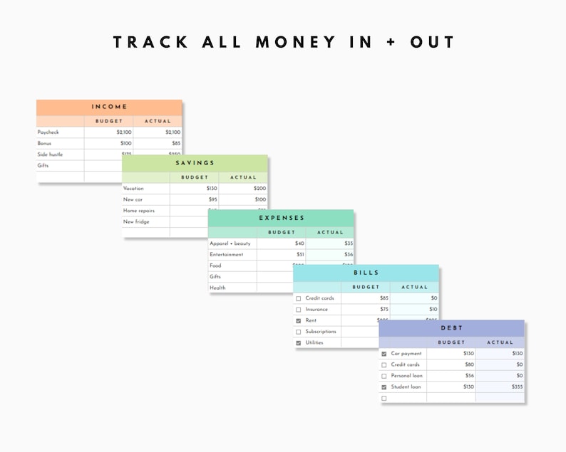 May include: A printable budget tracker with six categories: Income, Savings, Expenses, Bills, Debt, and a section for tracking actual spending. The categories are color-coded with peach, green, teal, blue, and purple.
