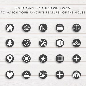 May include: Twenty black and white icons on a white wood background. The icons represent different features of a house, such as a home, a garage, a slide, a car, a table and chairs, a tree, a check mark, a wrench, a flower, a school, a location pin, a sun, a star, a window, a compass, a heart, a mountain, a road, a plus sign, and a house.