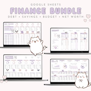 Pode incluir: Um pacote financeiro digital exibido em quatro telas de laptop. As telas mostram planilhas para dívidas, poupanças, orçamento e patrimônio líquido, com ilustrações fofas de animais. O texto "Finance Bundle" está no topo.