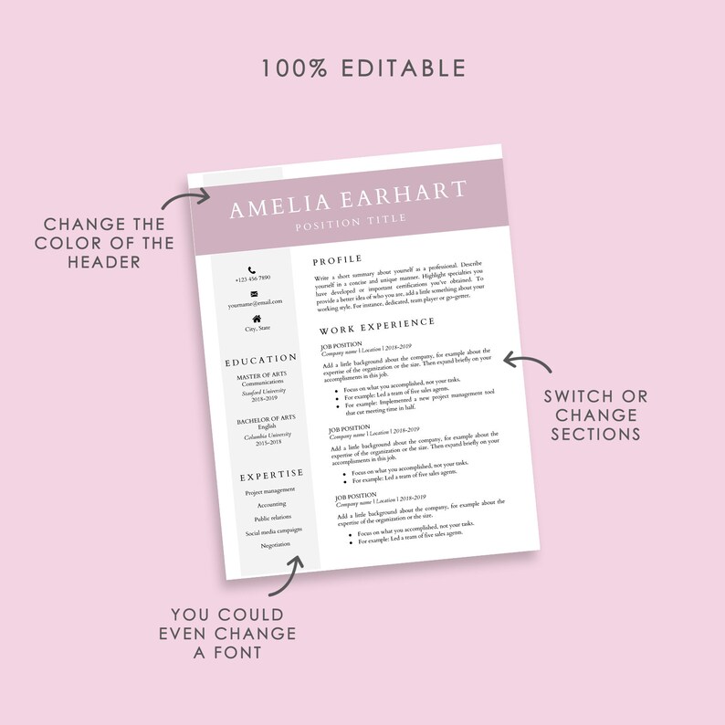 Pode incluir: Um modelo de curr&iacute;culo personaliz&aacute;vel com um fundo rosa. O modelo inclui se&ccedil;&otilde;es para o perfil, educa&ccedil;&atilde;o, experi&ecirc;ncia profissional e especialidades. O texto "100% Edit&aacute;vel" est&aacute; no topo do modelo. O texto "Alterar a cor do cabe&ccedil;alho" est&aacute; no lado esquerdo do modelo. O texto "Alternar ou alterar se&ccedil;&otilde;es" est&aacute; no lado direito do modelo. O texto "Voc&ecirc; pode at&eacute; mudar uma fonte" est&aacute; na parte inferior do modelo.