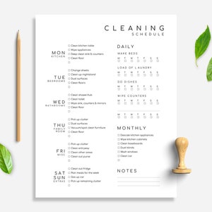 May include: A printable cleaning schedule checklist with daily, weekly, and monthly tasks. The checklist includes tasks for the kitchen, bedrooms, bathrooms, family room, and miscellaneous chores. The checklist is designed to help people stay organized and on top of their cleaning.