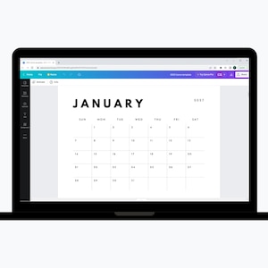 May include: A black laptop displaying a digital calendar template for January 2027 on its screen. The interface shows a white background with black text for the month, year, and days of the week, organised in a grid format with numbered dates.