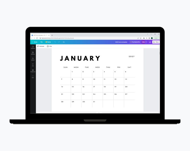 May include: A black laptop displaying a digital calendar template for January 2027 on its screen. The interface shows a white background with black text for the month, year, and days of the week, organised in a grid format with numbered dates.