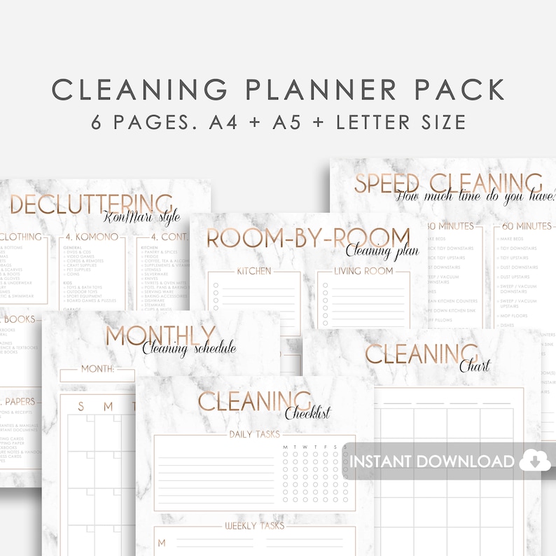 May include: A printable cleaning planner pack with six pages in A4, A5, and letter sizes. The pages feature a marble background with gold accents and include checklists for decluttering, speed cleaning, room-by-room cleaning, and monthly cleaning schedules.