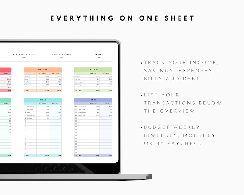 May include: A laptop screen displaying a budget tracker spreadsheet with sections for income, savings, expenses, bills, and debt. The spreadsheet is color-coded and includes columns for budget and actual amounts. The text on the screen reads "Everything on One Sheet" and includes instructions for tracking income, savings, expenses, bills, and debt, listing transactions, and budgeting weekly, biweekly, monthly, or by paycheck.