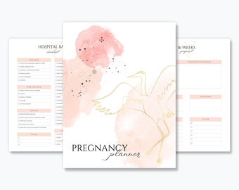 May include: A pregnancy planner with a watercolour background and a gold crane illustration. The planner includes sections for hospital bag checklist, 16 weeks pregnant, thoughts and feelings, aversions, and food cravings.