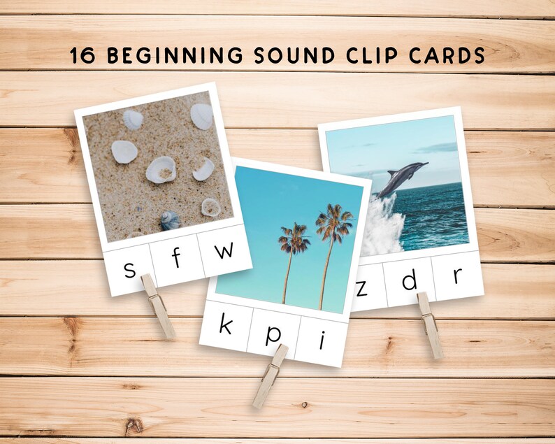 May include: A set of 16 beginning sound clip cards featuring images of seashells, palm trees, and a dolphin jumping out of the water. Each card has three letters printed on it, with one letter highlighted in bold.