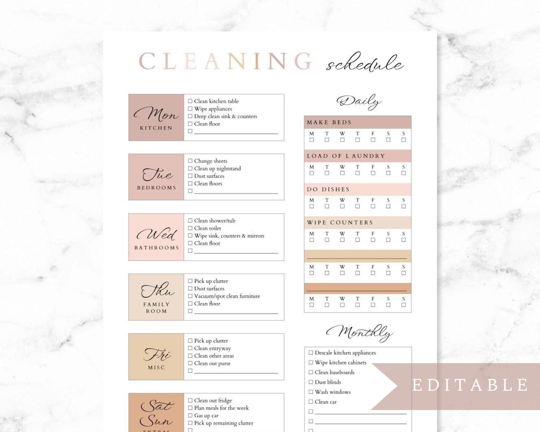 Editable Cleaning Schedule Template - Etsy
