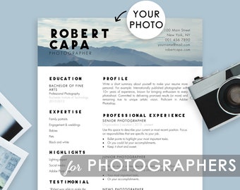 Currículum vitae para fotógrafo, plantilla de currículum de Microsoft Word y Pages para fotógrafos, plantilla de currículum de Word, currículum de Word y carta de motivación para fotografía, currículum