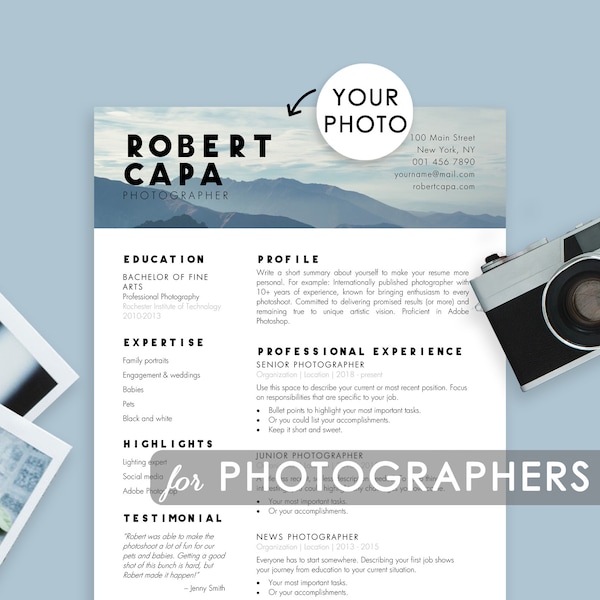 Professional Photographer Resume Template MS Word and Pages, Resume For Photographers, Freelance Photographer Resume, Photography Resume