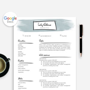 Unique Resume Template Google Docs, Google Docs Resume + Cover Letter With Blue Watercolor Accents, Artistic Resume Template Google Doc