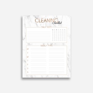 May include: A printable cleaning checklist with a marble background and gold accents. The checklist is divided into two sections: daily tasks and weekly tasks. Each section has a grid of checkboxes for each day of the week.