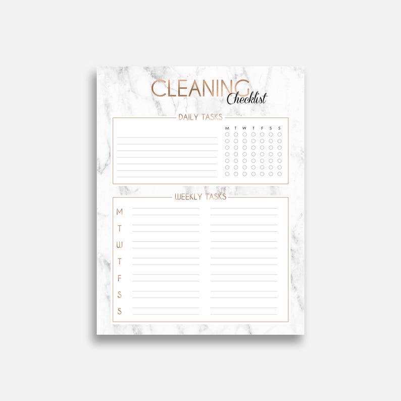 May include: A printable cleaning checklist with a marble background and gold accents. The checklist is divided into two sections: daily tasks and weekly tasks. Each section has a grid of checkboxes for each day of the week.