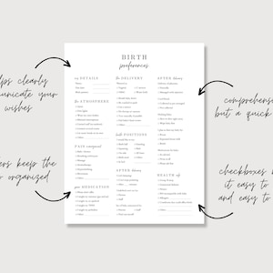 May include: A printable checklist for birth preferences with sections for details, delivery, atmosphere, pain management, best positions, after delivery, your medication, and health of baby. The checklist includes checkboxes for various preferences and options.