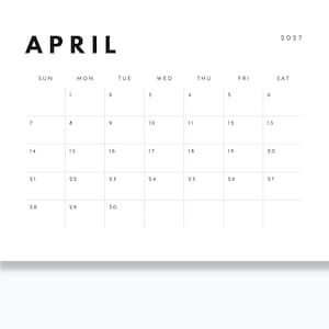 May include: A white wall calendar page for April 2027 with black sans-serif text. The month name APRIL is in large bold letters at the top left, with the year 2027 at the top right. A grid displays the days of the week and dates from 1 to 30.