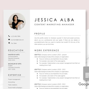 May include: A black and white CV template with a headshot of a woman. The CV includes sections for education, work experience, and expertise. The text on the CV includes the name Jessica Alba, Content Marketing Manager, and the contact information +123 456 7890, youmame@email.com, and City, State.