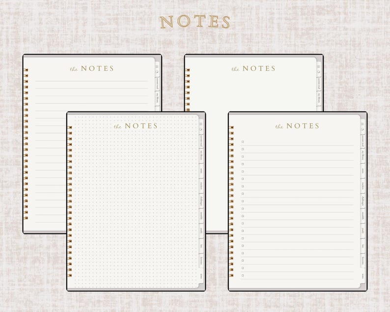 May include: Four notebooks with different interior page designs: lined, dotted, and blank. The notebooks are cream-colored with gold spiral binding and the text "the NOTES" in gold. The notebooks are arranged on a textured, light beige background.