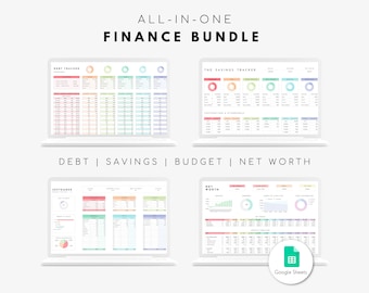Paquete de hojas de cálculo financieras para Google Sheets, hojas de cálculo de presupuestos de deuda, ahorro y activos.