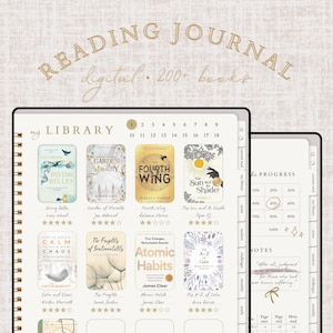 Peut inclure: Journal de lecture numérique avec un fond crème. Le journal présente une mise en page de bibliothèque avec des couvertures de livres, des évaluations par étoiles et des suivis de progression. Le texte "READING JOURNAL" et "digital • 200+ books" sont en haut.